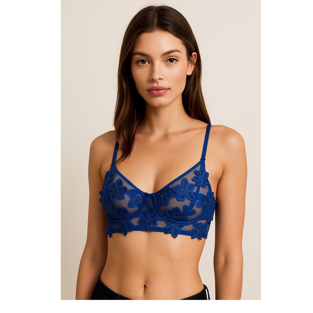 Blue Floral Embroidered Lace‎ Underwire Bralette | Y2K Lingerie Top